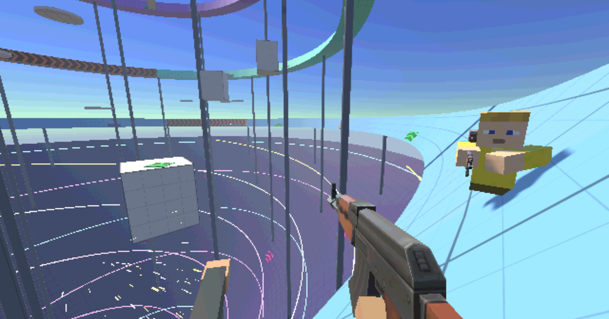 Геймплей go2sky: сёрф по рампе с AK, рядом блочный игрок